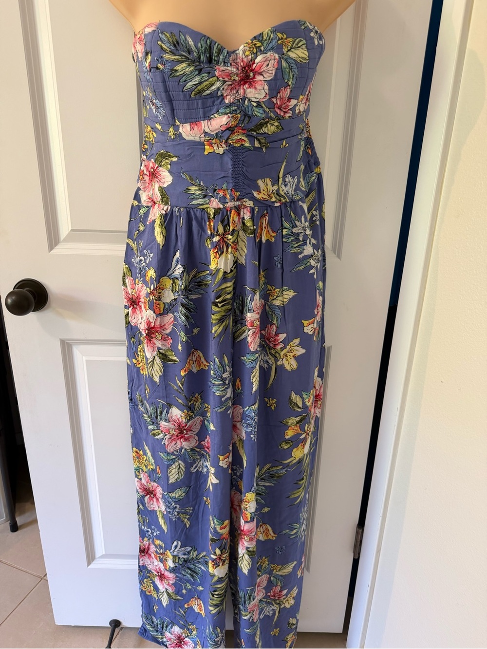 Strapless Floral Wide-Leg Jumpsuit in Periwinkle